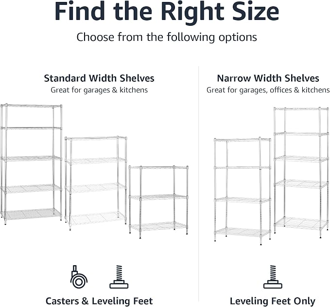 Amazon Basics 4-Shelf Adjustable Heavy Duty Storage Shelving Unit with Wheels, No-Tool Easy Assembly, Garage Shelving, Metal Wire Rack with Casters and Leveling Feet, 36" x 14" x 57.8", Chrome - Image 5