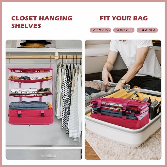 Surblue Hanging 3-Shelf Closet Organizer Pocket Collapsible Washable Oxford Fabric with 2 Hooks (XL 17.71 * 11.81 * 20in, Rose) - Image 2