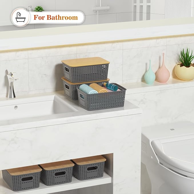 Ohmlove 6 Pack Plastic Storage Baskets with Bamboo Lids for Organization - Image 6