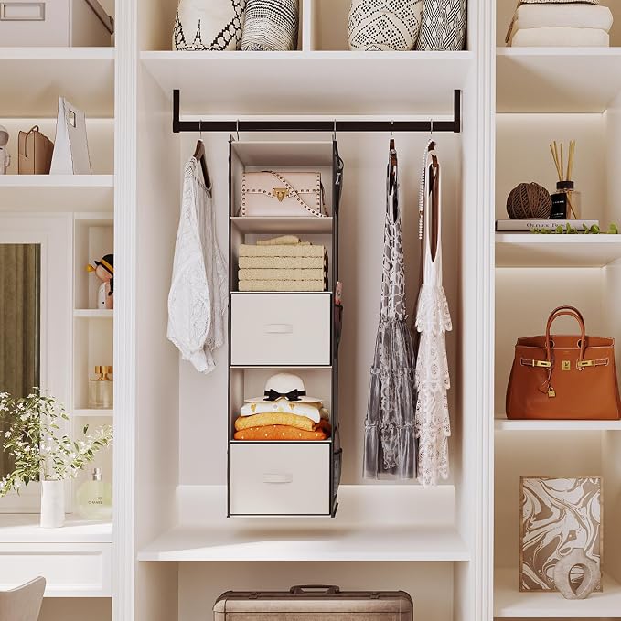 YOUDENOVA Hanging Closet Organizer, Hanging Shelves with Drawers, Beige | Closet Organizers and Storage with 6 side pockets, Foldable Storage for Clothes, Socks, Underwear & More, Breathable Fabric - Image 2