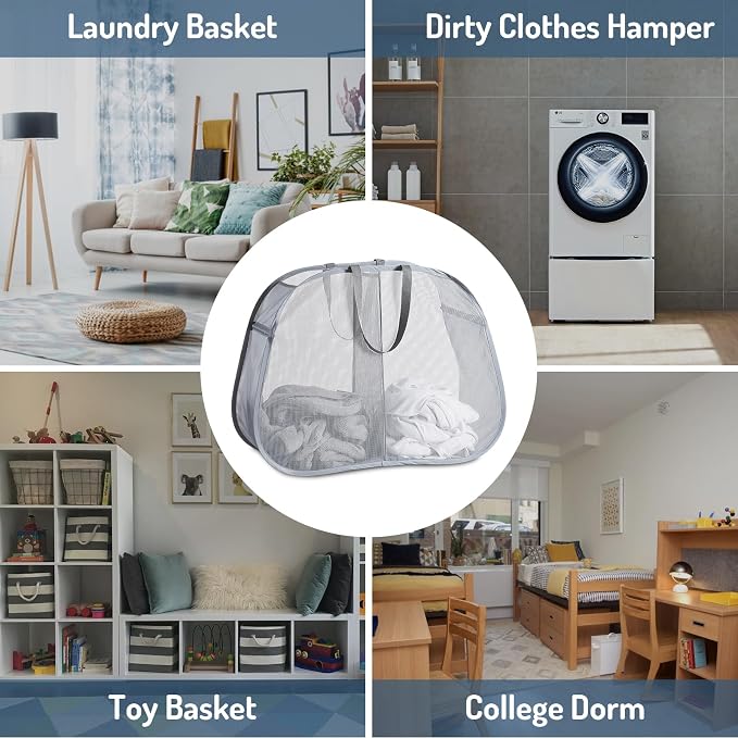 Seiritex Mesh Popup Laundry Hamper 2 Compartment, Collapsible Laundry Sorter Basket Foldable Hamper for Clothes, College Dorm, Travel (Gray) - Image 6