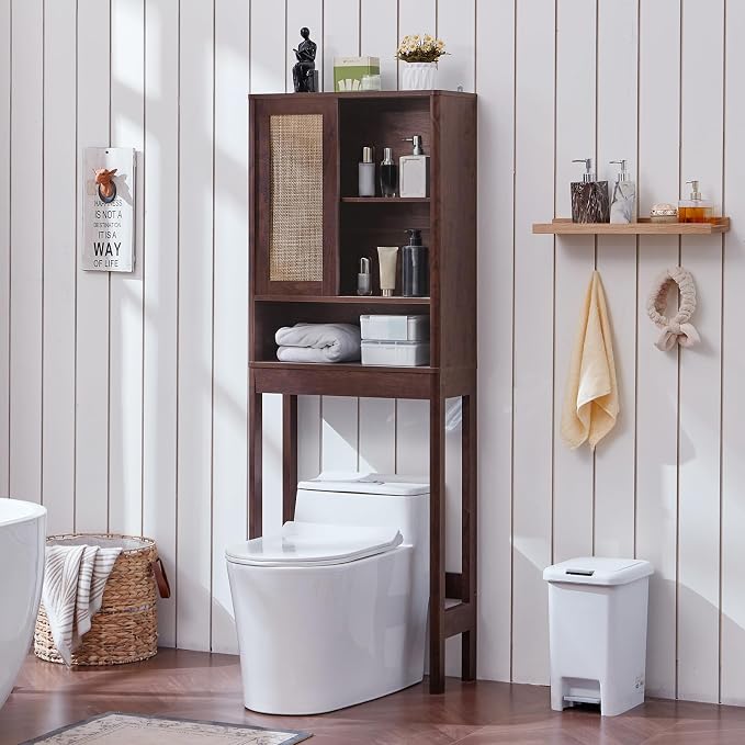 LEYAOYAO 68" Boho Over the Toilet Storage Cabinet with Rattan Sliding Door - Image 6