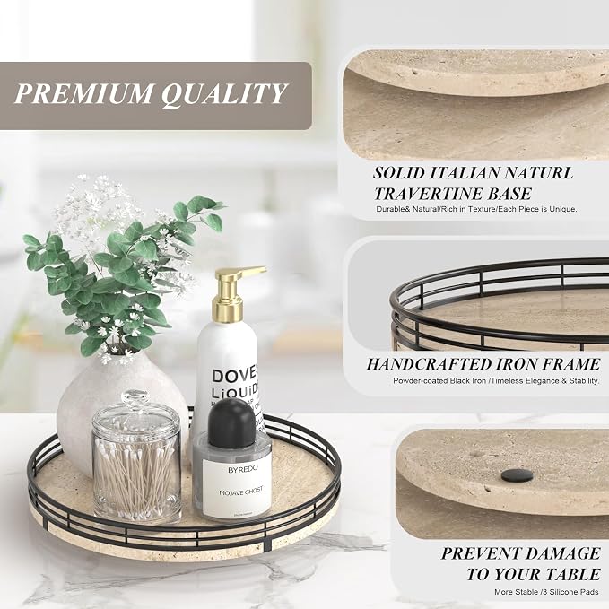 AMH 10-Inch Italian Travertine Lazy Susan with Black Metal Frame - Image 5