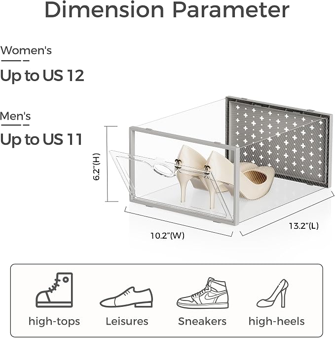 Pinkpum 12 Pack X-Large Shoe Storage Boxes, Shoe Organizer Clear Stackable | Fit US Size 11, 6.2” Height, Shoe Dispaly Case Holder Bins Sneaker Storage for Sneakerheads, For Home and Family, Grey - Image 2