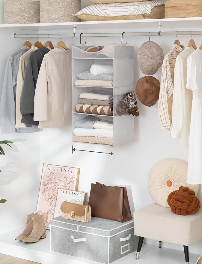 StorageWorks 3-Shelf Hanging Closet Organizer with Half Compartment, Ivory | Add More Storage to Small Closets, a Side Pocket and Half Compartment, Ideal for Bedrooms, Dorms and RVs,Light Grey - Image 2