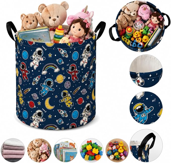 MAIZMZ Kids Storage Bin Astronaut Space Hamper,15.7" D x 19.7" H Waterproof Linen Laundry Basket with Leather Handles for Boys Room, Gifts - Image 7
