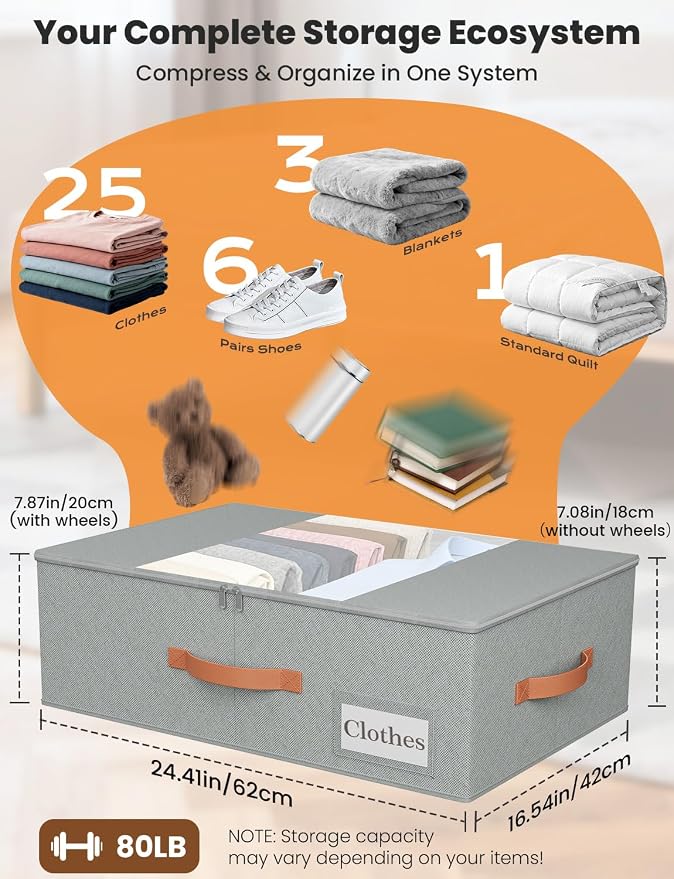 TOSKING 2-Pack Under Bed Storage Bins with Wheels, 4 Vacuum Bags, Heavy Duty 80 lbs, 7.9" Height, 47L Clear Lid Organizer, Space Saver for Dorm Bedroom Clothes Shoes Toys, Quick Assembly, Gray - Image 4