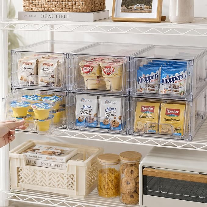 6 Pack Stackable Storage Drawers,Plastic Organizers Bins, Drawers Storage with Handles and Movable Dividers for Organization and Storage in Fridge,Bathroom, Pantry, Kitchen Cabinets, Under Sink - Image 2