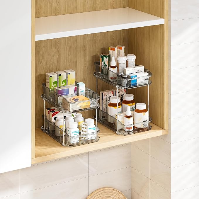 Delamu 2-Tier Under Sink Organizers and Storage, Multi-Purpose Stackable Bathroom Cabinet organizers, Pull Out Kitchen Pantry Organization and Storage with Dividers(3 Pack, Grey) - Image 8