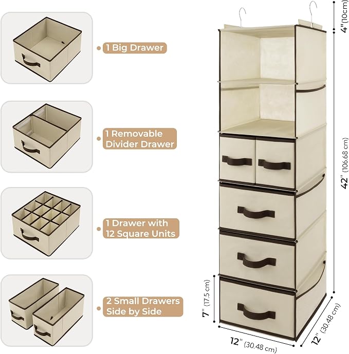 GRANNY SAYS Hanging Closet Organizer, 5 Drawers, 6 Shelves, 6 Pockets | Hanging Closet Organizer with 5 Different Drawer Designs, 6 Shelves & Reinforced Structure for Organized Small Space, Beiges - Image 3