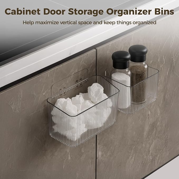 8 PCS Clear Cabinet Door Organizer Bins with Adhesive Hooks, Wall Mount Hanging Storage Baskets with Drain Holes, Plastic Under Sink Drawer Organizers for Bathroom, Kitchen, Pantry, Fridge - Image 2