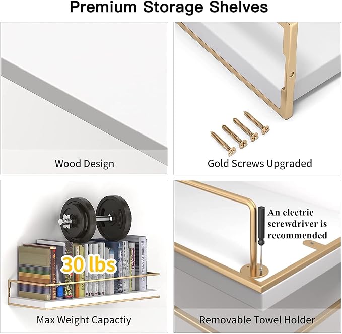 Shario White Floating Shelves - Set of 2, Wall Mounted Hanging Shelves with Golden Towel Rack, Decorative Storage Shelves for Bathroom, Kitchen, Living Room & Bedroom (White Gold, 15.7 Inches) - Image 7