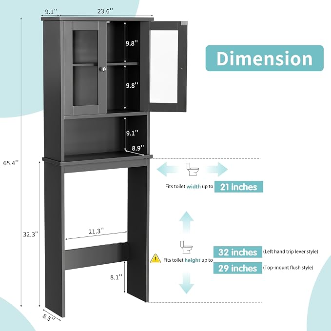Shintenchi Over the Toilet Storage Cabinet, Bathroom Shelf Organizer with Anti-Tip Device Small Freestanding Space Saver with Adjustable Shelf and Glass Door, Gray - Image 2