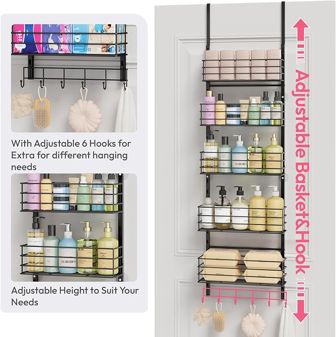 SWTYMIKI Over The Door Organizer - Door Organizer Hanging with 5 Adjustable Metal Large Capacity Basket and 6 Coat Hook, Wall Mounted Shelf for Bedroom Closet Bathroom Laundry Pantry Cabinet Kitchen - Image 5