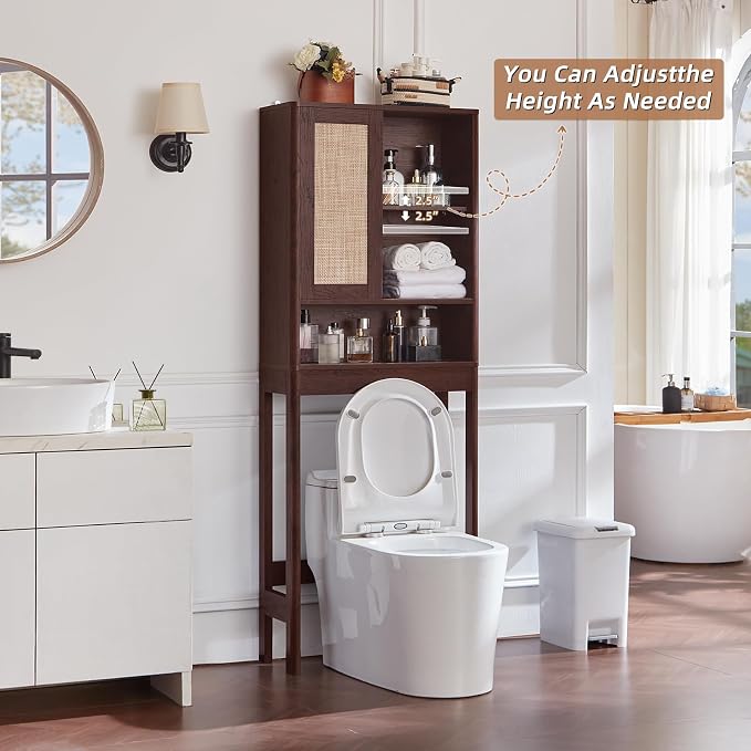 LEYAOYAO 68" Boho Over the Toilet Storage Cabinet with Rattan Sliding Door - Image 3
