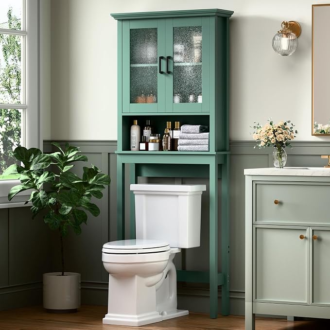 Over The Toilet Storage Cabinet, Over Toilet Bathroom Organizer with Glass Doors and Adjustable Shelf, Thicken Frame Above Toilet Storage Cabinet Behind Toilet Bathroom Organizer, Halcyon Green by Baztin
