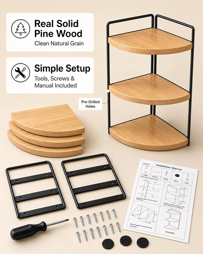 3-Tier Corner Bathroom Countertop Organizer, Solid Pine Wood Vanity Shelf - Image 7