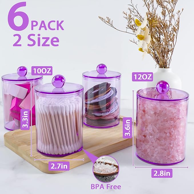 6 Pcs Acrylic Qtip Holder, Cotton Ball Holder Jars with Lids, Purple - Image 2