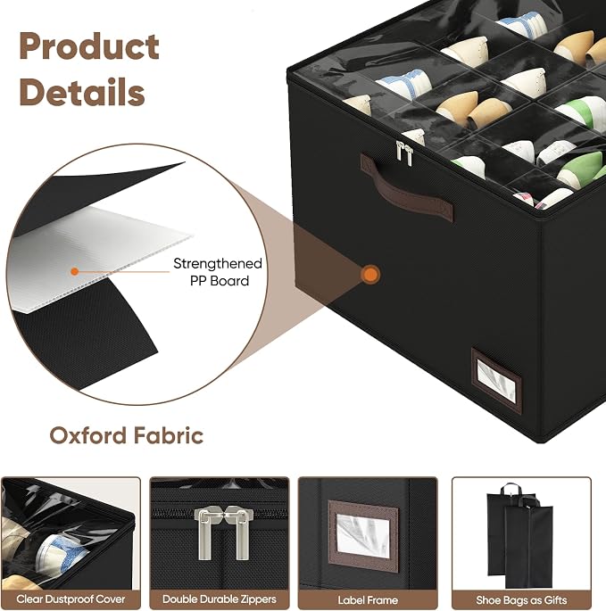 OIAHOMY 2 Pack Shoe Organizer for Closet, Large Foldable Shoe Storage Bins with Dividers and Reinforced Handles, Each Clear Cover Sneaker Box Fits Up to 16 Pairs for Entryway and Bedroom, Black - Image 5