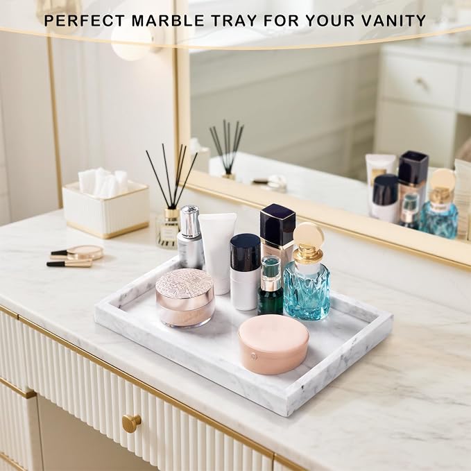 Marble Bathroom Tray for Countertop & Home Decor, Natural Decorative Marble Tray for Jewelry & Perfume Organizer, Luxury Stone Vanity Trays for Dresser, Kitchen Counter, 12" x 8", White - Image 6