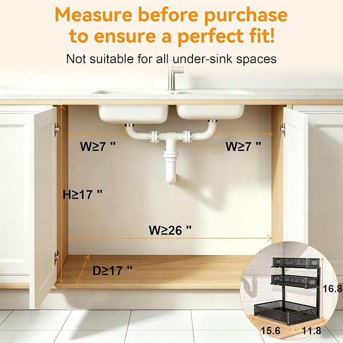 3 Tier Adjustable Under Sink Organizer for Bathroom & Kitchen(2Pack, Black) - Image 2