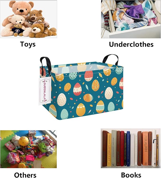 Rectangular Collapsible Laundry Basket with Side Handles, Blue Easter eggs - Image 3