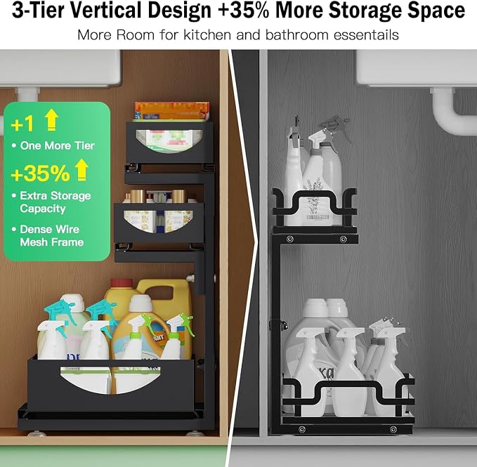 Under Sink Organizer, 2-Pack 3-Tier Pull Out Cabinet Organizers and Storage - Image 3