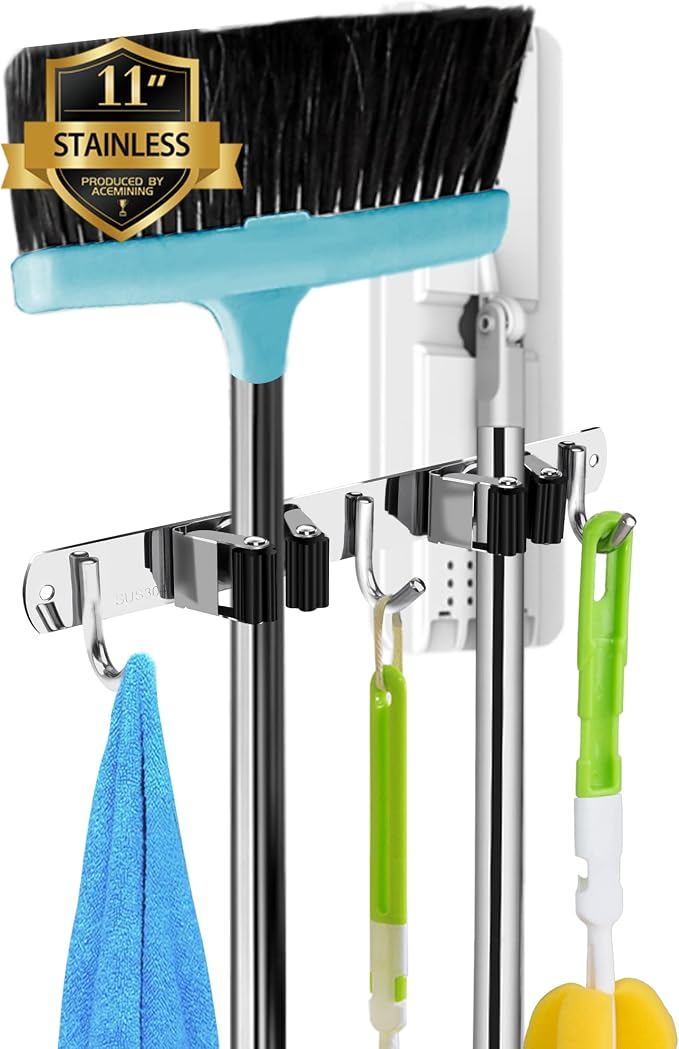 AceMining Broom Holder Wall Mount, 2 Racks 3 Hooks Heavy Duty Mop Organizer by AceMining