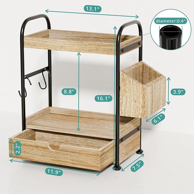 2-Tier Bathroom Counter Organizer with Drawer, Wooden Vanity Skincare Shelf - Image 3