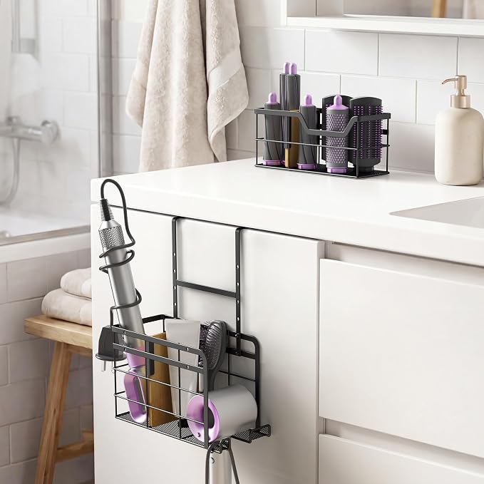 2 Pack Hair Tool Organizer - Hair Dryer Holder Wall Mounted/Cabinet Door - Adjustable Height Blow Dryer Holder - Curling Irons Storage with 2 Hooks (Black) - Image 2