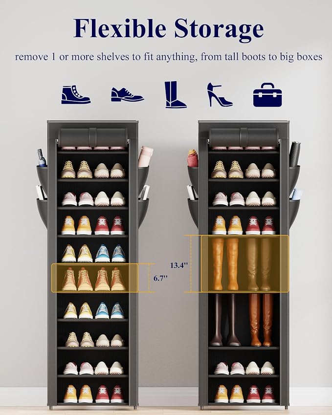 Kitsure 10-Tier Shoe Rack with Cover, Vertical Shelf, 17.5" Wide, Black | Space Saving Shoe Storage with Side Pocket, Shoe Organizer for Closet, Entryway, Bedroom, Zapateras Organizer - Image 4