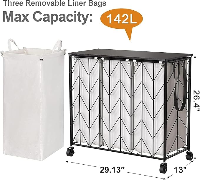 WOWLIVE Laundry Hamper 3 Section with Lid, 142L Laundry Basket with Wheels - Image 4