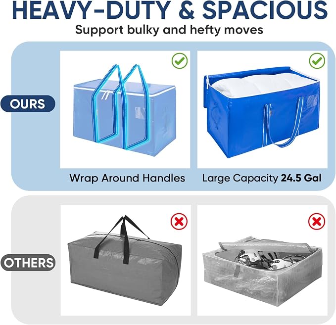 BALEINE 8-Pack Oversized Moving Bags with Reinforced Handles, Heavy-Duty Storage Tote for Clothes, Moving Supplies (Royal Blue, 8-Pack) - Image 4