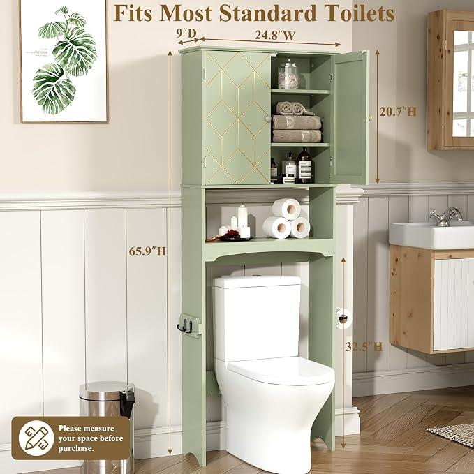 HLR Over The Toilet Storage Cabinet with Gold Trim, Over Toilet Bathroom Organizer with Adjustable Shelves and Toilet Paper Holder, Above Toilet Storage Cabinet Spacesaver for Bathroom (Green) - Image 2