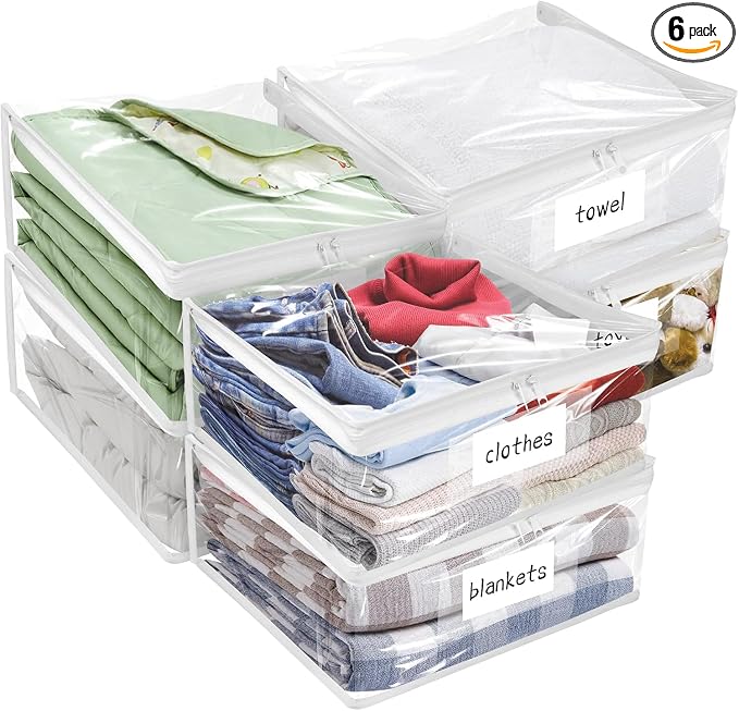 Plastic Storage Bags with Easy-Glide Zipper, Pack of 6, Durable Clear Vinyl Zippered Storage Bags for Clothes Sweaters Comforters Blankets Sheets Bedding (25 x 21 x 11 Inch, Transparent White) by Kikerike
