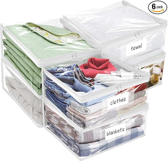 Plastic Storage Bags with Easy-Glide Zipper, Pack of 6, Durable Clear Vinyl Zippered Storage Bags for Clothes Sweaters Comforters Blankets Sheets Bedding (23.6 x 16.9 x 13.8 Inch, Transparent White) by Kikerike