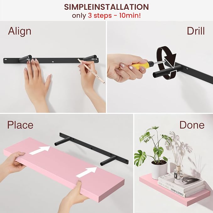 BAYKA Pink Floating Shelves 22.5in, Set of 2, Wall Mounted for Wall Decor - Image 8