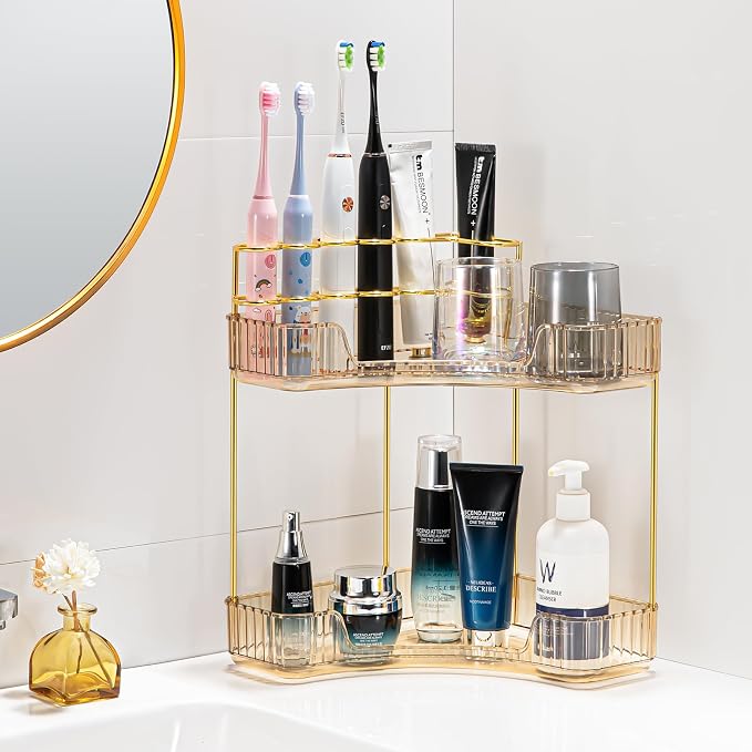shuang qing Upgraded 2-Tier Corner Bathroom Countertop Organizer – Spacious Storage for Makeup, Skincare & Perfumes, Built-in Brush Holder Fits Vanity/Dresser/Bsthtub (Vintage Gold) - Image 2