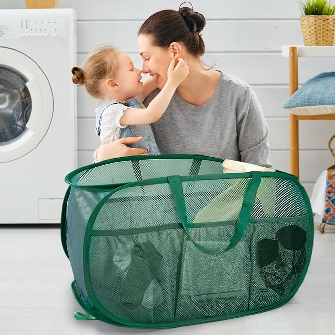 2 Pack Collapsible Laundry Baskets, Upgrade Pop Up Laundry Hamper with Convenient Bags, Foldable Laundry Basket Mesh Light Weight, Easy to Carry Clothes Hampers for Laundry, Dorm, Toys, Travel Green - Image 2