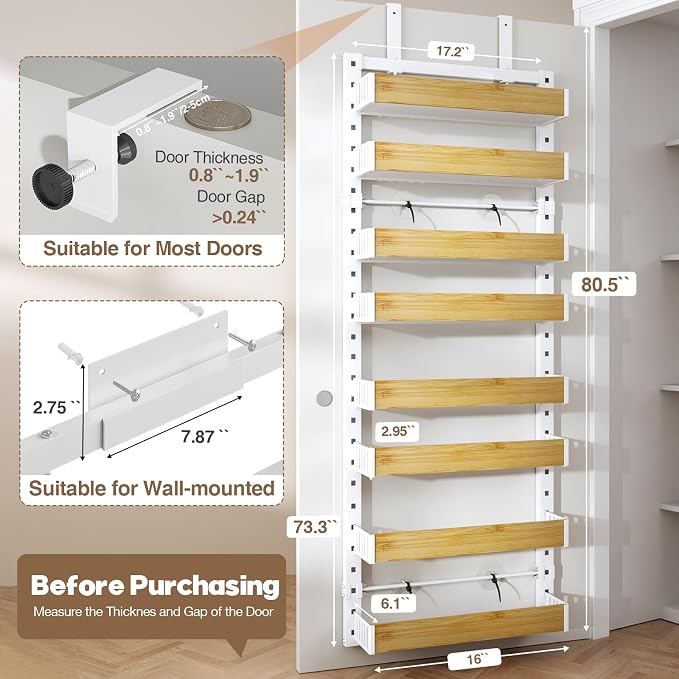 8 Tier Over the Door Pantry Organizer with Adjustable Wooden Baskets, Heavy Duty 2 in 1 Wall Mounted & Hanging Spice Rack for Kitchen, Cabinet and Closet Organization - Image 2