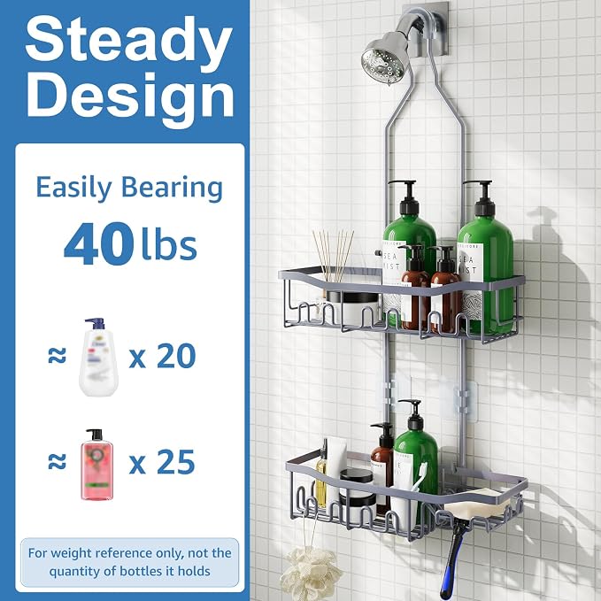 Upgraded Extended Length Shower Caddy Over Showerhead No Blocking to Showerhead, Rustproof Bathroom Organizers and Storage with Hooks Shampoo Soap Holder, Large Hanging Caddy, Grey - Image 5