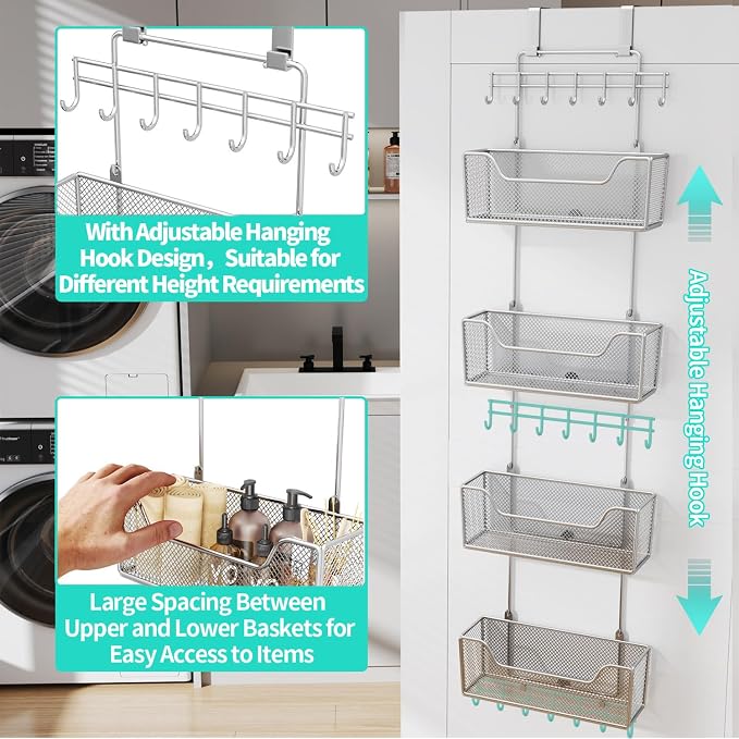 HapiRm Over The Door Organizer - Hanging Door Organizer with 4 Metal Large Capacity Baskets and Adjustable Coat Hook for Bathroom Bedroom Kitchen Pantry Closet Cabinet - Image 4