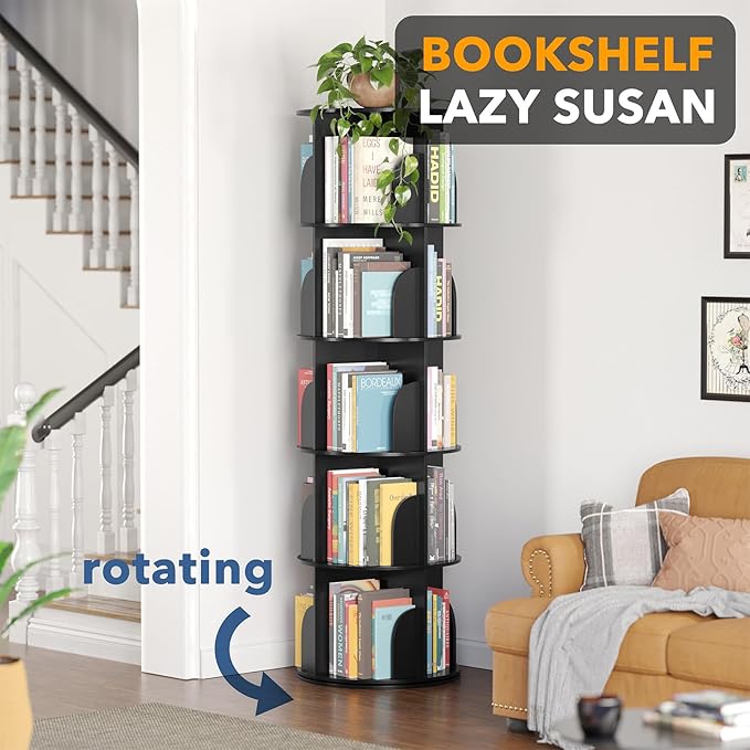 SpaceAid 5 Tier Rotating Bookshelf Tower, Spinning Bookcase Lazy Susan, Revolving 360 Book Shelf Storage Round Carousel, Vertical Rotate Turning Spiral Corner Organizer, Black - Image 4