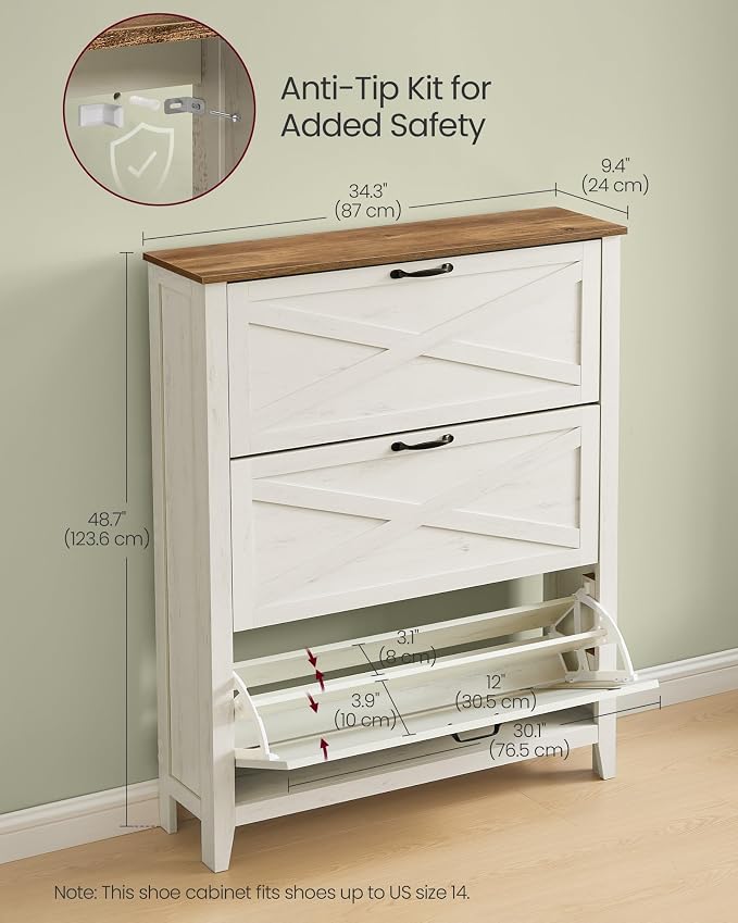 VASAGLE Farmhouse Shoe Cabinet, Narrow Storage Organizer, 3 Flip Drawers - Image 3