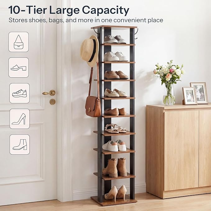 HOOBRO 10 Tiers Vertical Shoe Rack, Wooden Shoe Storage Organizer with Hooks, Narrow Shoe Tower for 10 Pairs, Space Saving, for Entryway, Living Room, Bedroom, Rustic Brown BF141XJ01 - Image 4