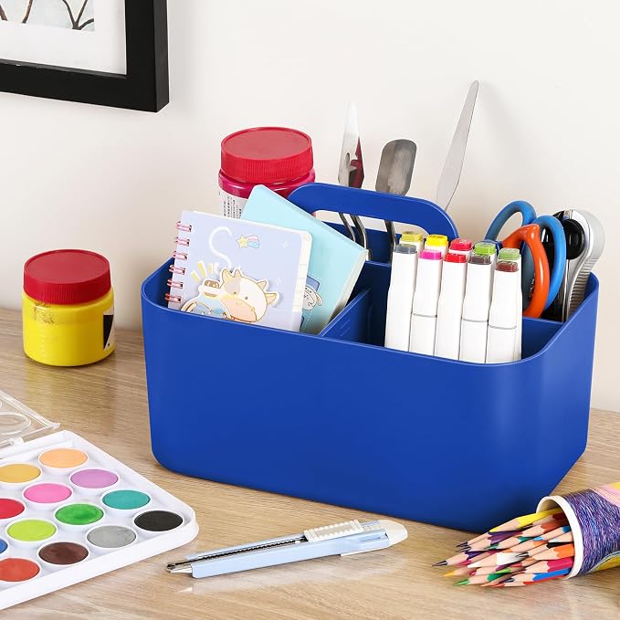 Multiuse Caddy Organizer with Handle, Portable Plastic Tote Bin - Art Craft, Stationary Pen Marker Crayons, Makeup Hair Supplies Storage - Bathroom, Classroom, Dorm, Office, Desk Holder - Dark Blue - Image 3