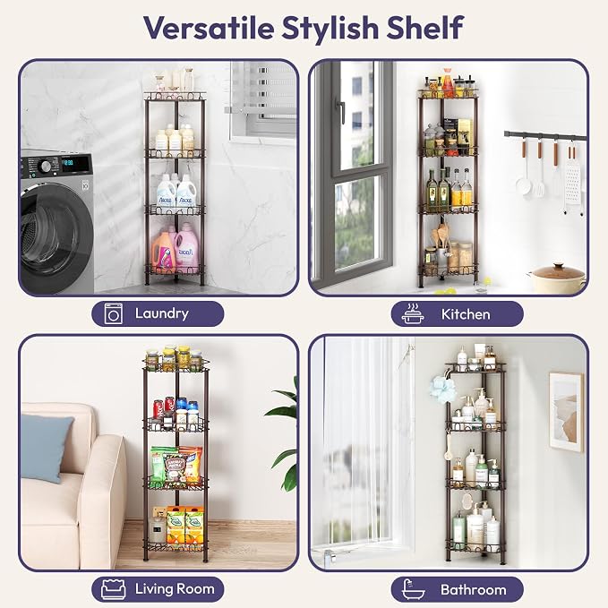 SWTYMIKI Standing Shower Caddy Corner - 4‑Tier Stainless Steel Shower Organizer Shelf with 12 Hooks and Adhesive Pads, Rustproof Corner Shelves Stand Rack for Bathroom Shower Room, Bronze - Image 6