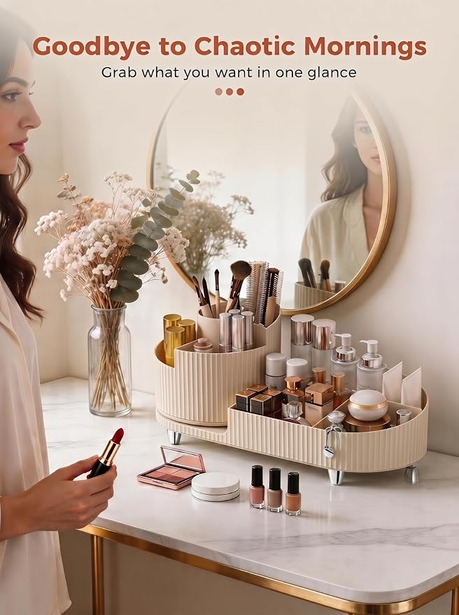 Booklov Rotating Makeup Organizer for Vanity Countertop, Cream - Image 5