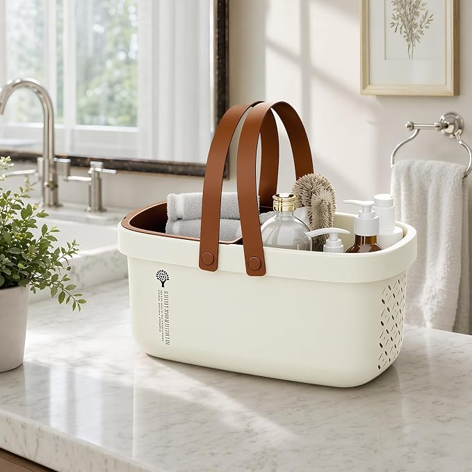 Pulseplay Portable Plastic Shower Caddy Basket with Handle Cream - Image 6