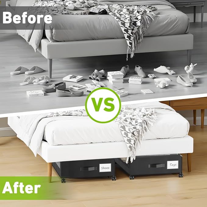 Molutsody Under Bed Storage with Wheels, 4-Pack Underbed Storage Containers with Clear Lids, Under Bed Shoe Storage Organizer, Rolling Under Bed Storage for Clothes Shoes Blankets (Black) - Image 6